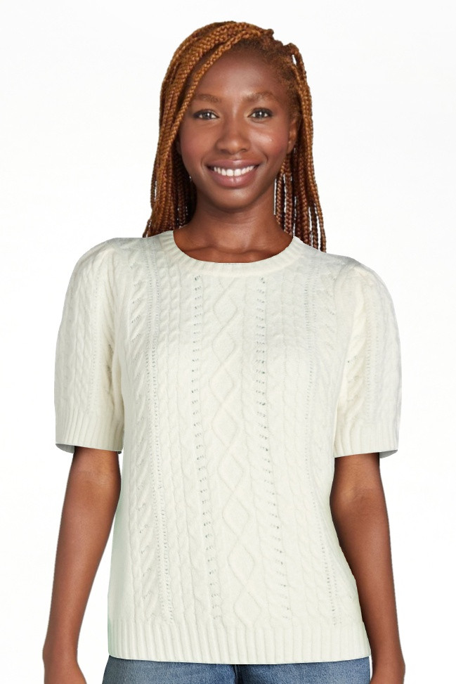Free Assembly Women's Cable Knit Sweater with Short Puff Sleeves, Sizes XS-XXL | Walmart (US)