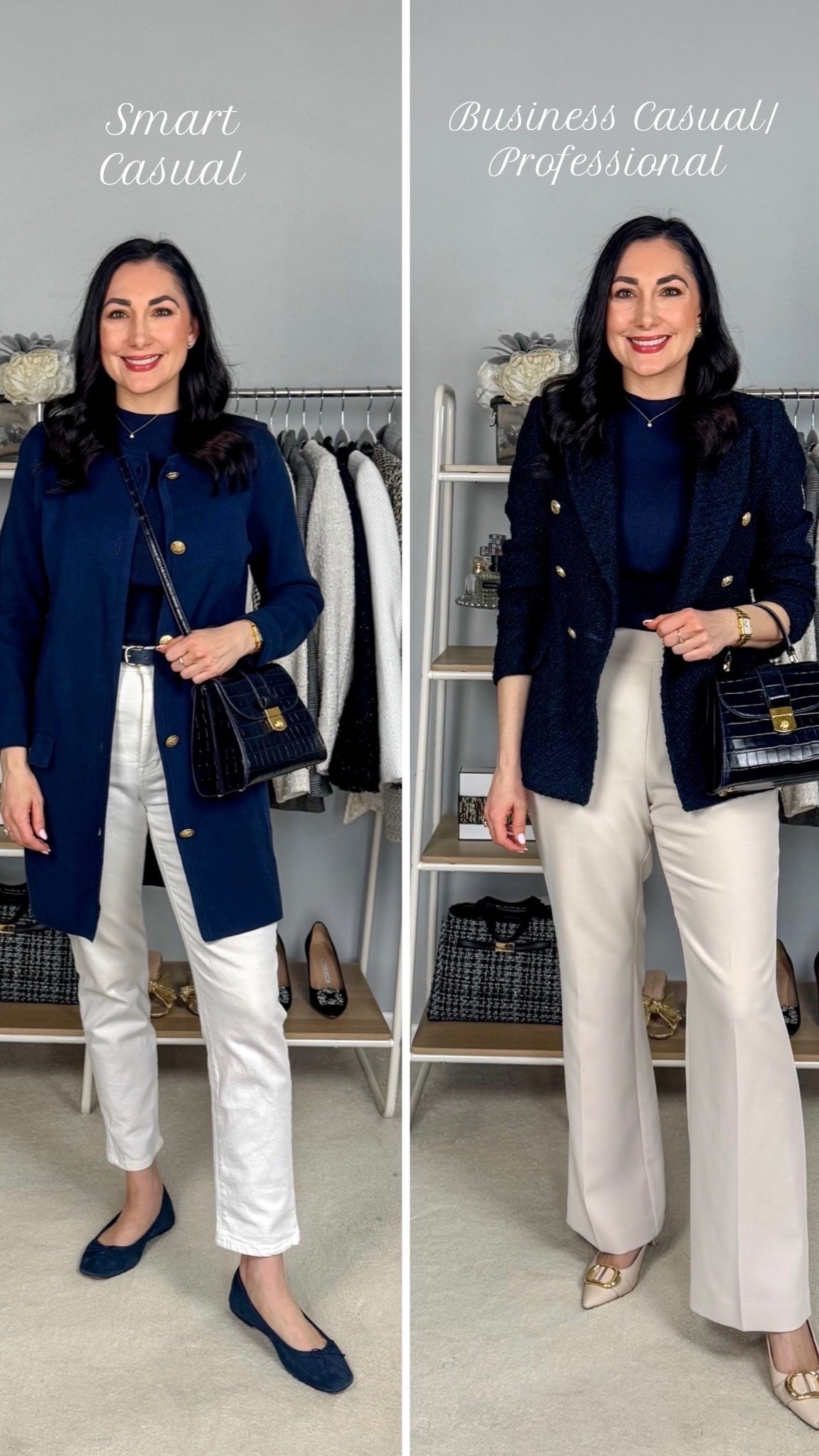 Smart Casual vs Business Casual/Professional 💙🤍

Navy cardigan 
Navy sleeveless shell 
White jeans 
Navy ballet flats 

Navy blazer 
Navy sleeveless shell
White pants 
Neutral heels 

Work wear 
Office outfits 
Work outfits 

#LTKSeasonal #LTKWorkwear