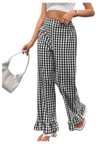 MakeMeChic Women's Plaid Print Elastic Waist Pants Ruffle Hem Straight Leg Trousers Black and White Medium | Amazon (US)