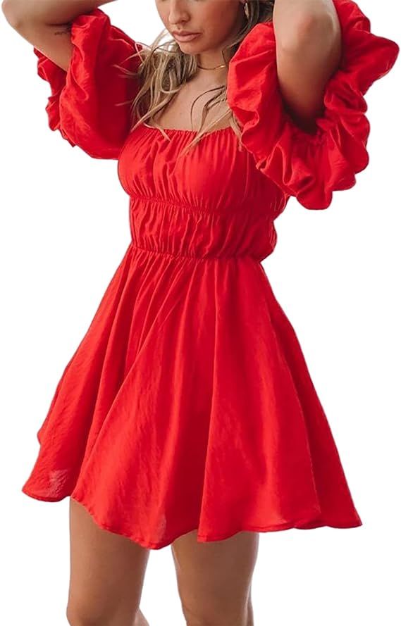 R.Vivimos Summer Dress for Women Short Puff Sleeve Boho Off The Shoulder Casual Smocked Swing Min... | Amazon (US)