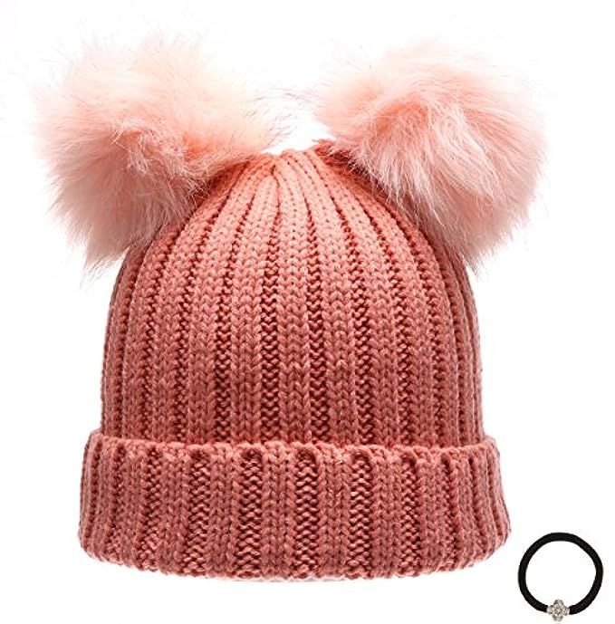 Women's Winter Chunky Knit Double Pom Pom Beanie Hat With Hair Tie. | Amazon (US)