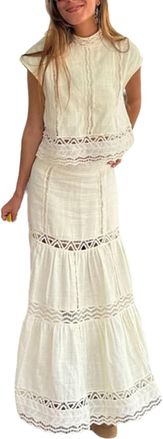 Wuitrie Summer Two Piece Sets for Women Round Neck Tops High Waist Fairy Maxi Skirt Hollow Vacation Outfits Skirt Sets | Amazon (US)