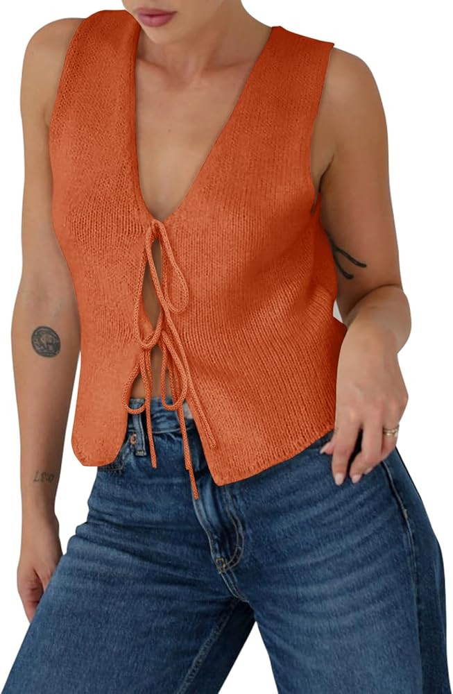Yousify Womens Sweater Vests Tie Front Knit Vest Summer Ribbed Tank Tops Y2k Cute Vests Fashion C... | Amazon (US)