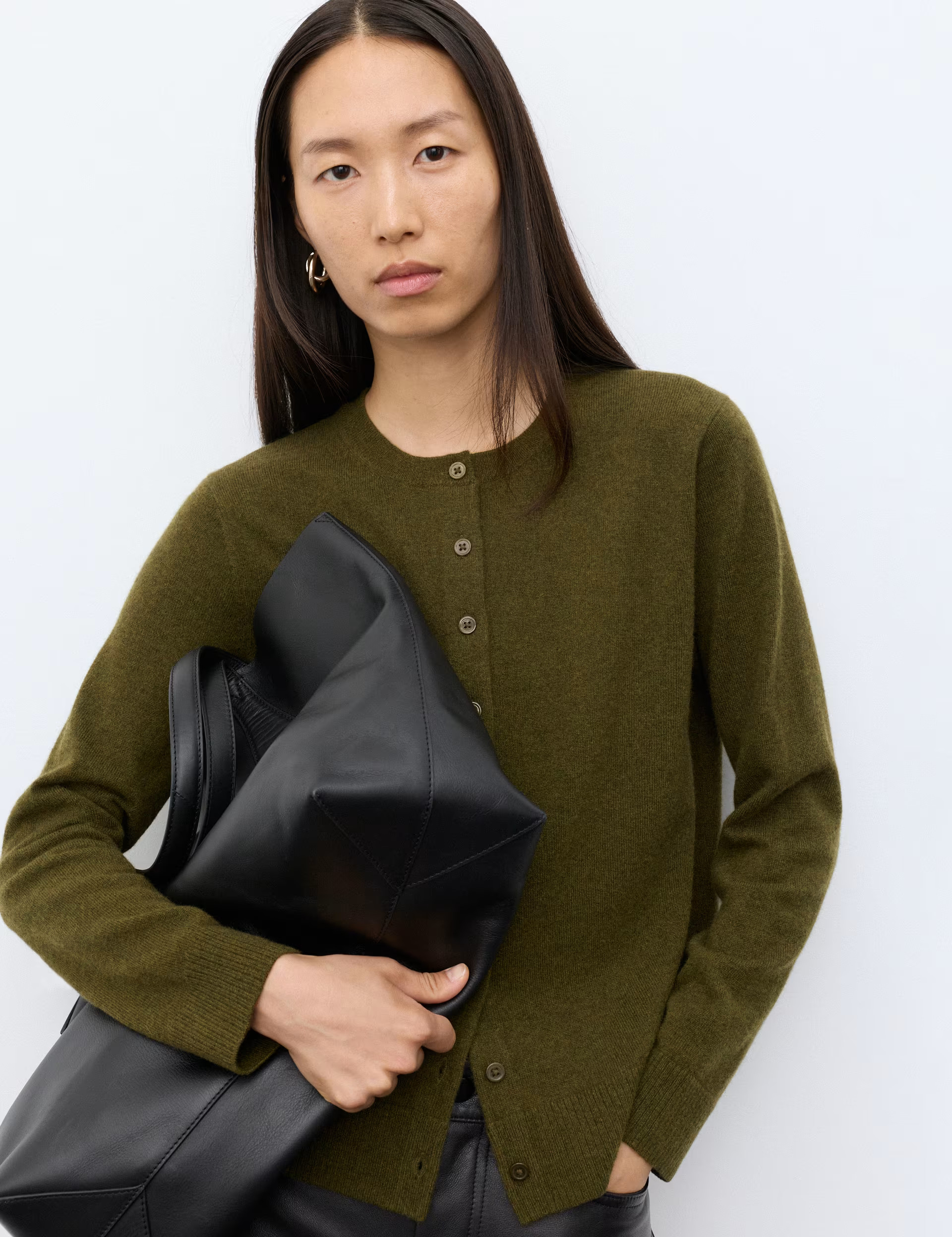 M&S Pure Cashmere Crew Neck Button Front Cardigan Dark Khaki | Marks & Spencer (UK)