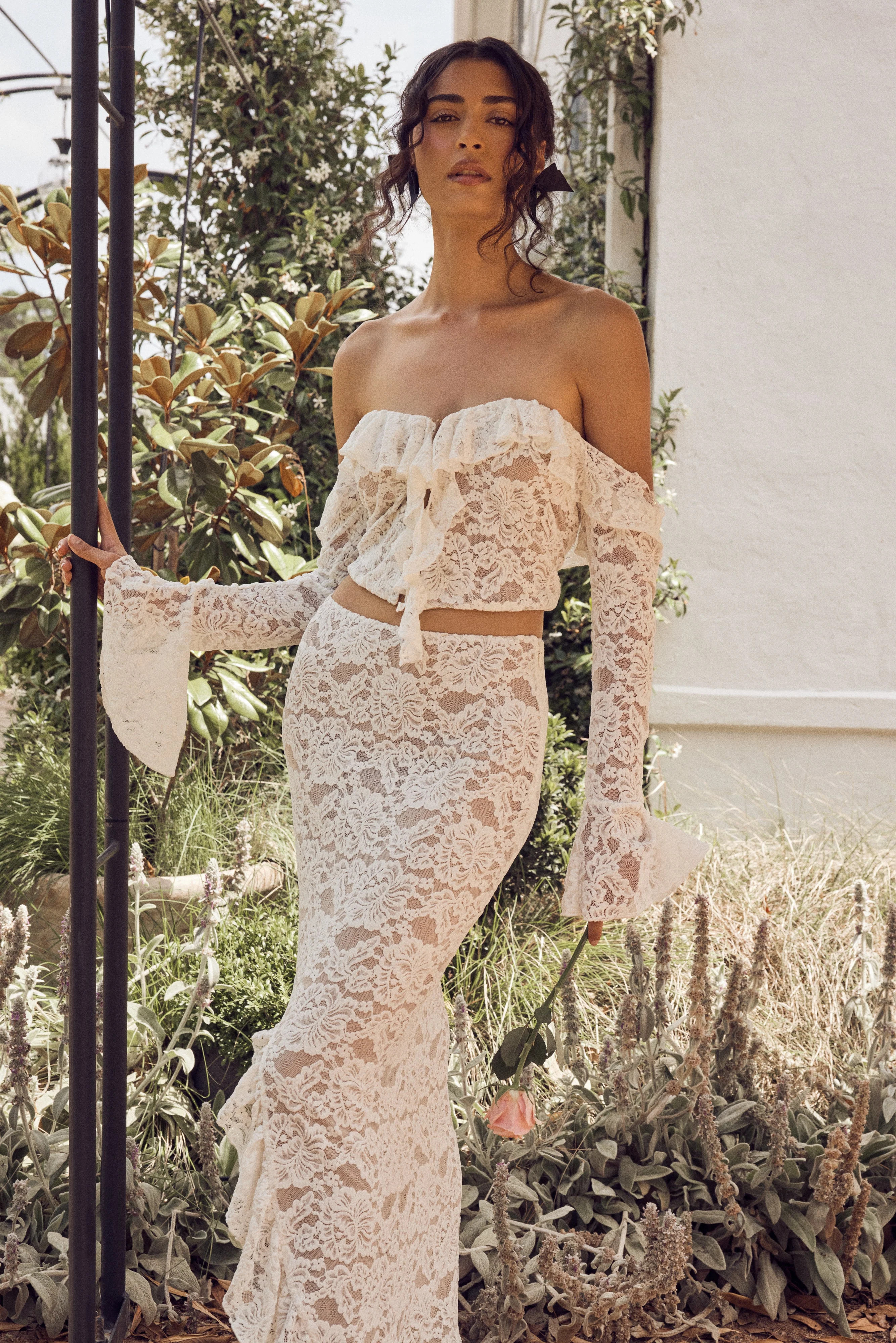 Lace Plisse Off Shoulder Top - Ivory | MESHKI US