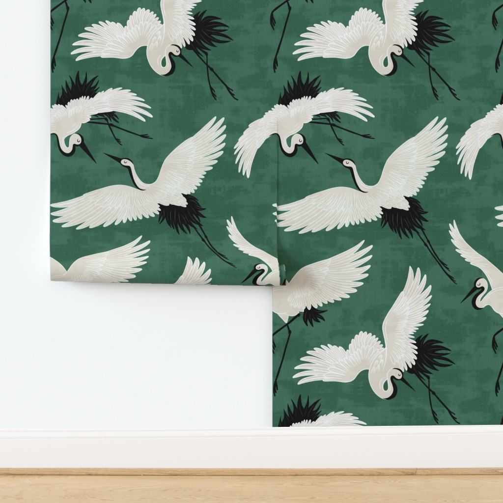 Wallpaper in Cranes - Emerald | Spoonflower