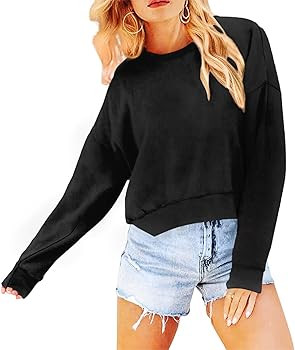 Women's Long Sleeve Round Neck Cropped Sweatshirts Cute Loose Fit Pullover Tops | Amazon (US)