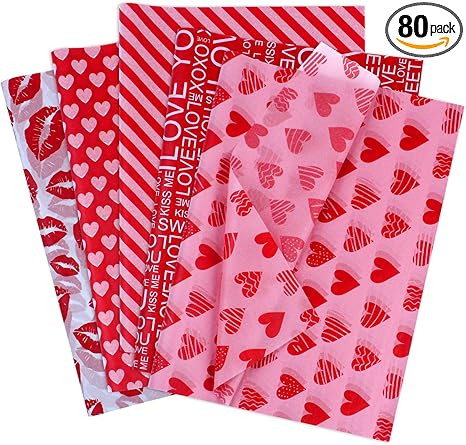Valentines Day Tissue Paper Bulk 80 Sheets Assorted 5 Designs Red Pink Heart Lip Love You Pattern... | Amazon (US)