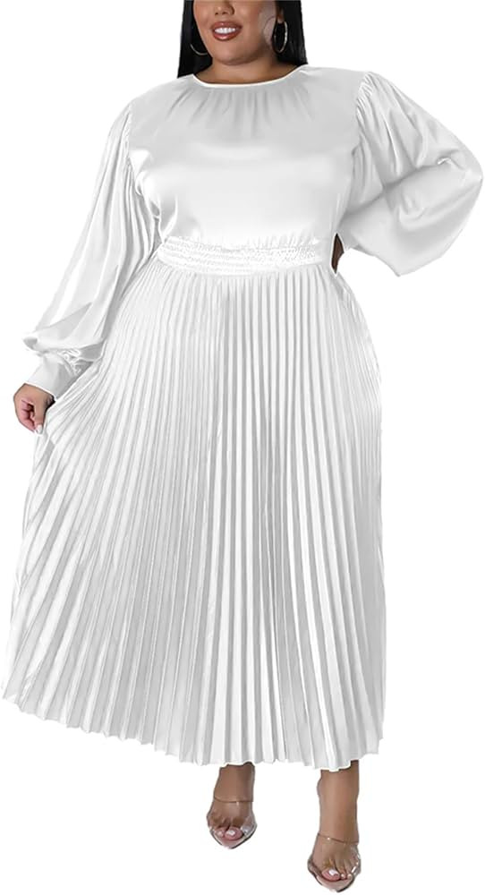 Women's Plus Size Maxi Dresses 2023 Fall Lantern Long Sleeve Flowy Swing Pleated Maxi Dresses | Amazon (US)