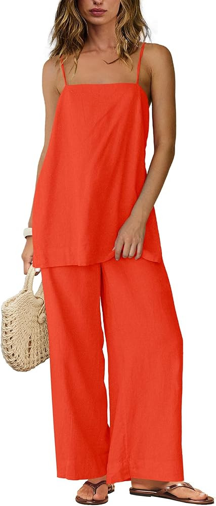 SENSERISE Womens Linen Set Two Piece Set Summer Beach Vacation Outfits Spaghetti Strap Tank Top a... | Amazon (US)