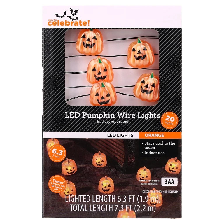 Indoor 20-Count Battery-Operated LED Pumpkin Wire String Lights, Orange, 6.3', Halloween by Way T... | Walmart (US)