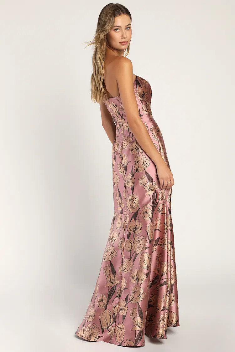 Gowning Around Mauve Floral Jacquard Strapless Maxi Dress | Lulus
