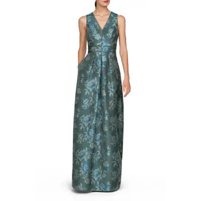 Kay Unger Cameron Floral Jacquard Sleeveless Gown in Deep Teal Multi at Nordstrom, Size 4 | Nordstrom