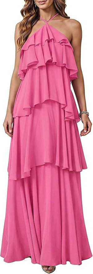 SOLY HUX Women's Wedding Guest Dress Sundresses Ruffle Layered Halter Backless Flowy Formal Maxi ... | Amazon (US)