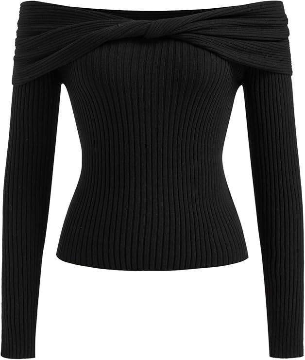 CIDER Women's Off Shoulder Sweater Long Sleeve Y2K Twisted Ribbed Knit Pullover Top Going Out Tre... | Amazon (US)