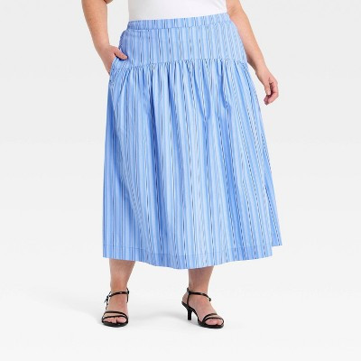 Women's Resort Poplin Drop Waist Midi Skirt - A New Day™ Blue Striped XXL | Target