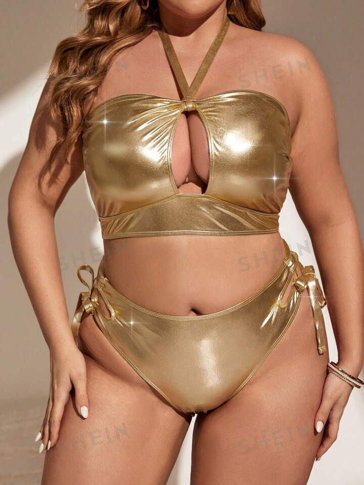 SHEIN Swim Curve Plus Size Hollow Out Detail Metallic Bikini Swimsuit Set | SHEIN
