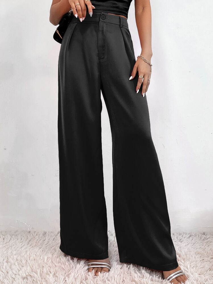 SHEIN Clasi High Waist Plicated Detail Satin Tailored Pants | SHEIN