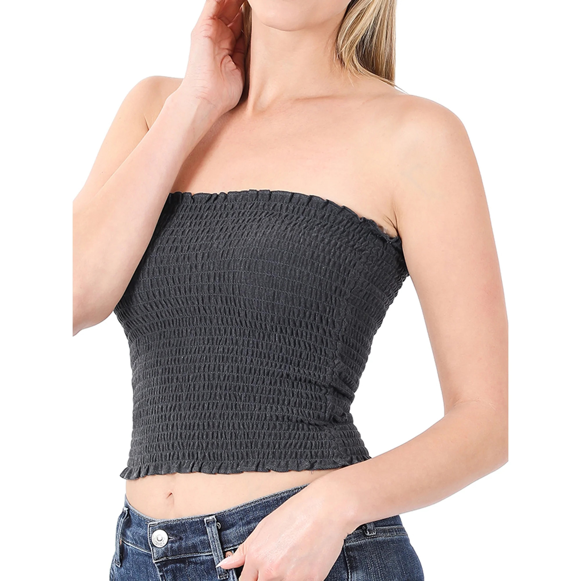 Zenana's Women Strapless Pleated Solid Colors Smocked Bandeau Sexy Tube Crop Tops (Cotton) | Walmart (US)