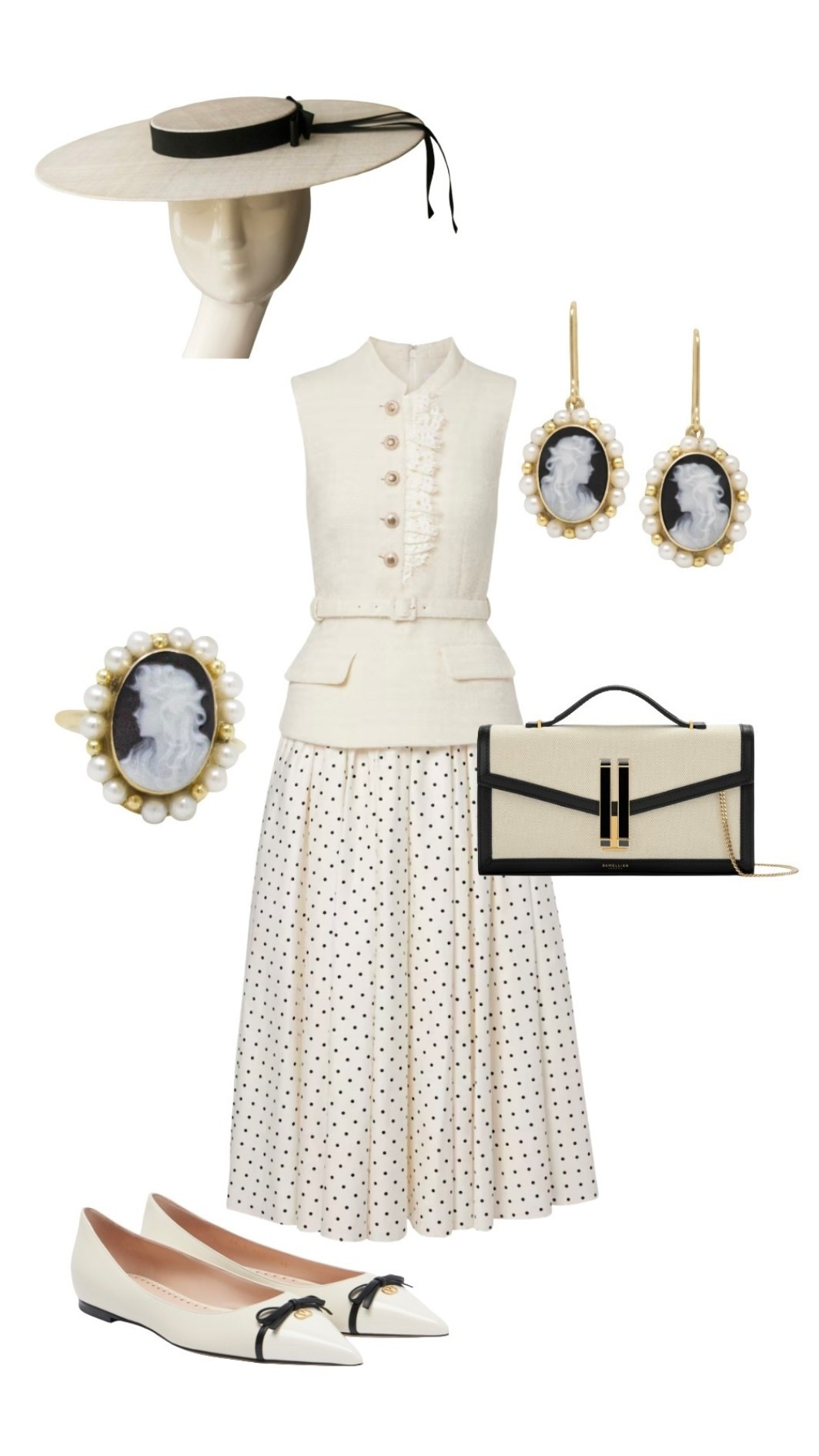 Event dressing never looked better! Reminiscent of classic Parisian looks from the 1940s/50s this beautiful dress is partnered with all 2 tone accessories, including statement cameo jewellery, for a strikiny elegant ensemble. Remove the boater hat and you’re dressed for dinner! 🖤🤍🖤

Ivory Tweed & Polka Dot Pleated Skirt Midi Dress - Self Portrait Studio at MyTheresa (10% off first orders)

Vancouver Clutch Bag - DeMellier London

Artisan Boater Hat - AndTheyLovedHats at EtsyUK

Ivory / Black Bow Pointed Flats - Valentino at MyTheresa

Black Gold Vermeil Cameo Drop Earrings & Ring - Vintouch at Wolf & Badger

#LTKeurope #LTKdresses #LTKluxury