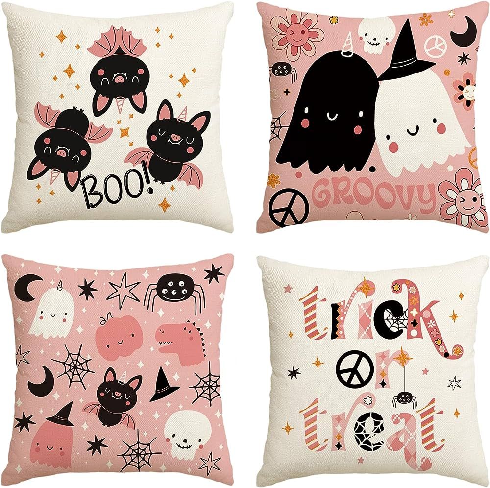 AVOIN colorlife Happy Halloween Boo Cute Ghost Groovy Trick or Treat Pink Throw Pillow Covers, 18... | Amazon (US)