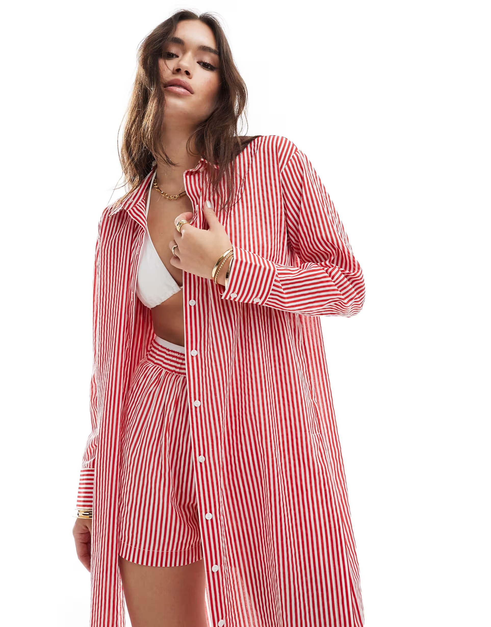 Stradivarius longline beach shirt in red stripe - part of a set | ASOS (Global)