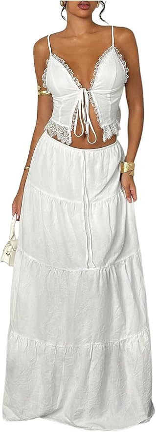 Floerns Women's 2 Piece Outfit Lace Trim Tie Front Camisole Top Tiered Maxi Skirts Set | Amazon (US)