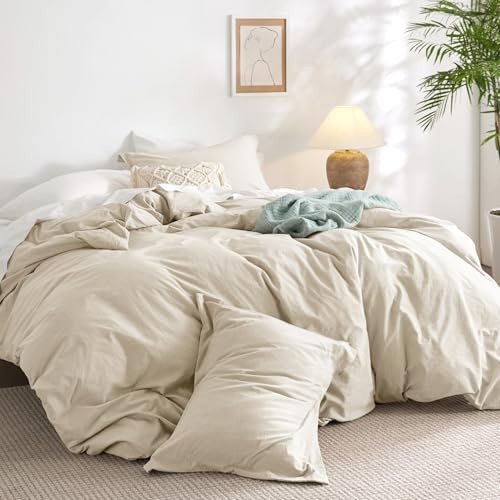 Bedsure Comforter Set Queen Size Beige - Cotton Fabric with Microfiber Inner Fill, Queen Comforter Set for All Seasons, 3 Pieces, 1 Comforter (90"x90") and 2 Pillow Cases (20"x26") | Amazon (US)
