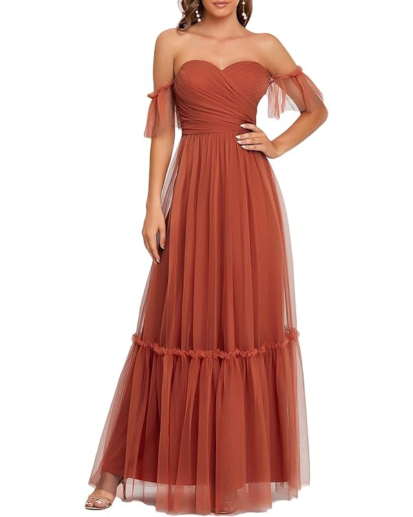 Ever-Pretty Women's Maxi Sweetheart Off-Shoulder Ruched Tulle Evening Dresses 50126-USA | Amazon (US)