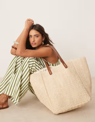 ASOS DESIGN straw oversized tote bag with pu handles | ASOS (Global)