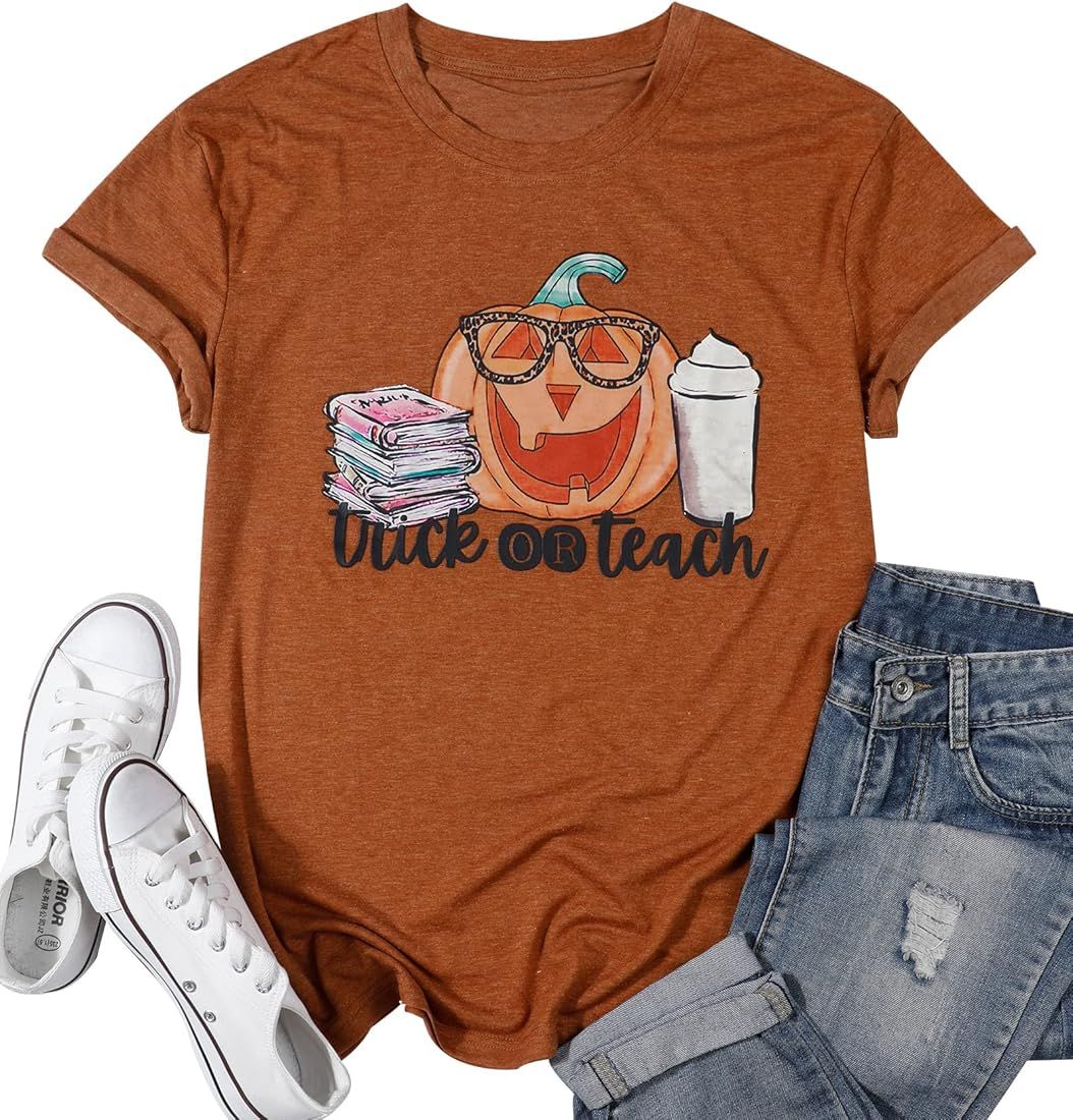 Trick Or Teach Shirt Women Teacher Halloween Pumpkin T-Shirt Cute Thanksgiving Pumpkin Fall Seaso... | Amazon (US)