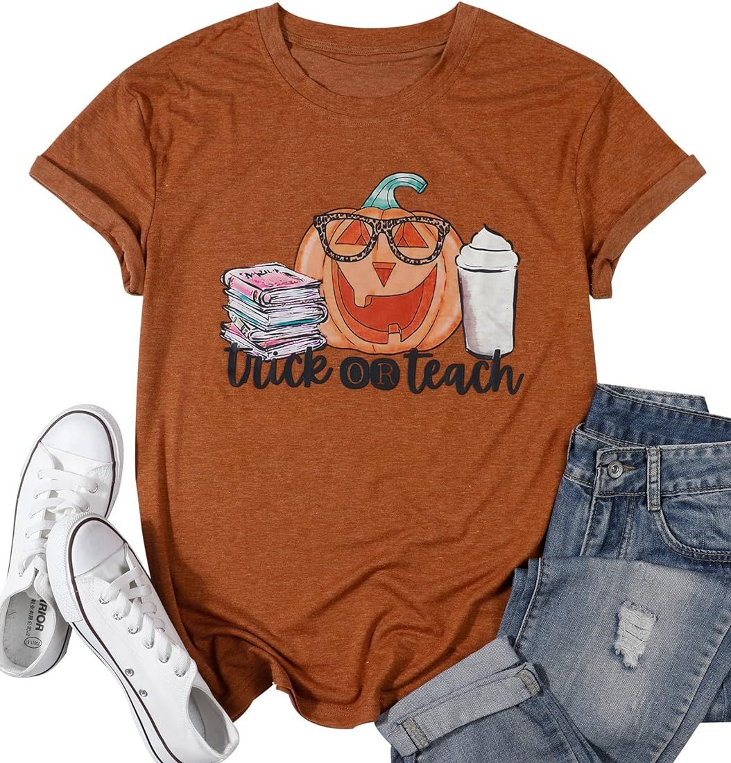 Trick Or Teach Shirt Women Teacher Halloween Pumpkin T-Shirt Cute Thanksgiving Pumpkin Fall Seaso... | Amazon (US)