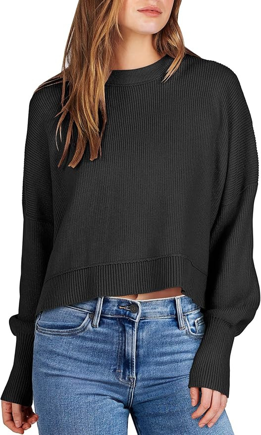 ANRABESS Women Crewneck Cropped Sweater Batwing Sleeve 2023 Fall Oversized Side Slit Ribbed Knit ... | Amazon (US)