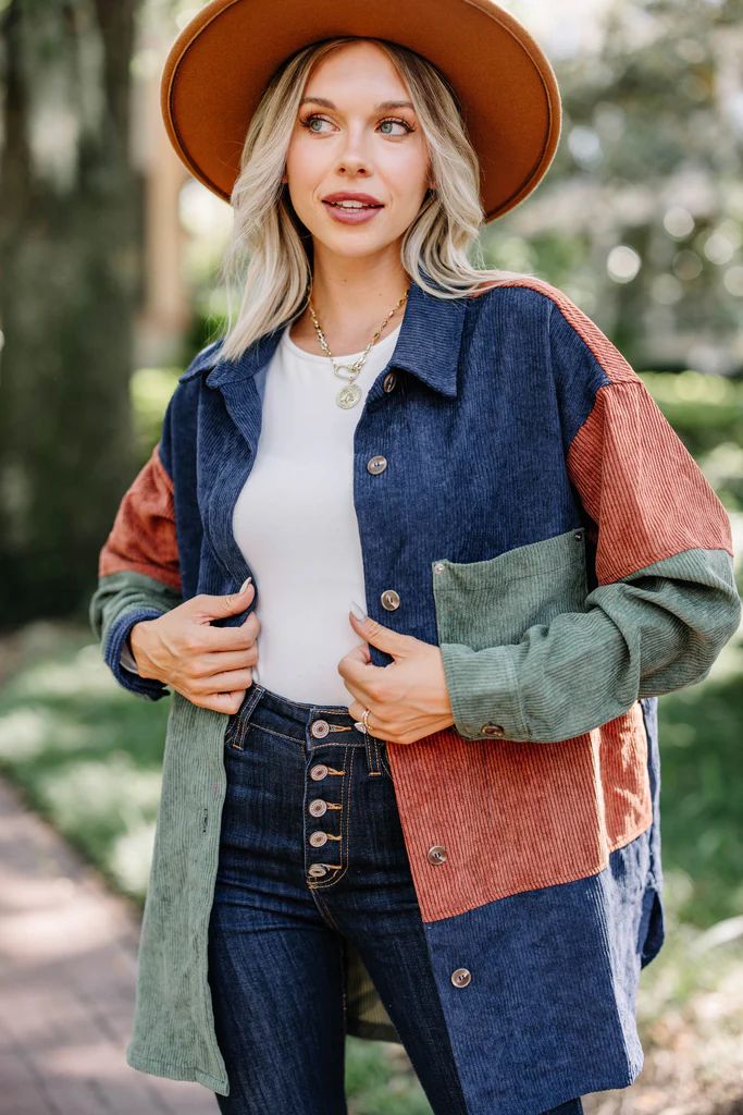 What's Ahead Navy Blue Colorblock Corduroy Shacket | The Mint Julep Boutique