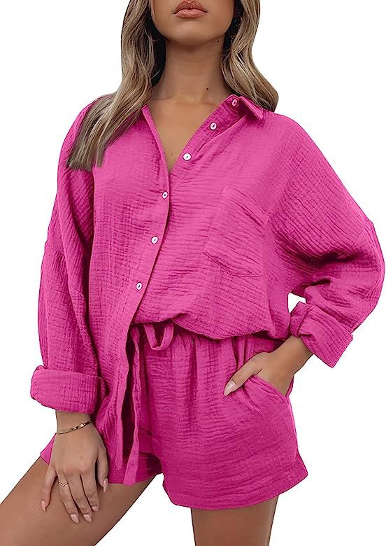 AUTOMET 2 Piece Outfits For Women Lounge Sets Pajama Sets Long Sleeve Button Down Oversized Shirt... | Amazon (US)