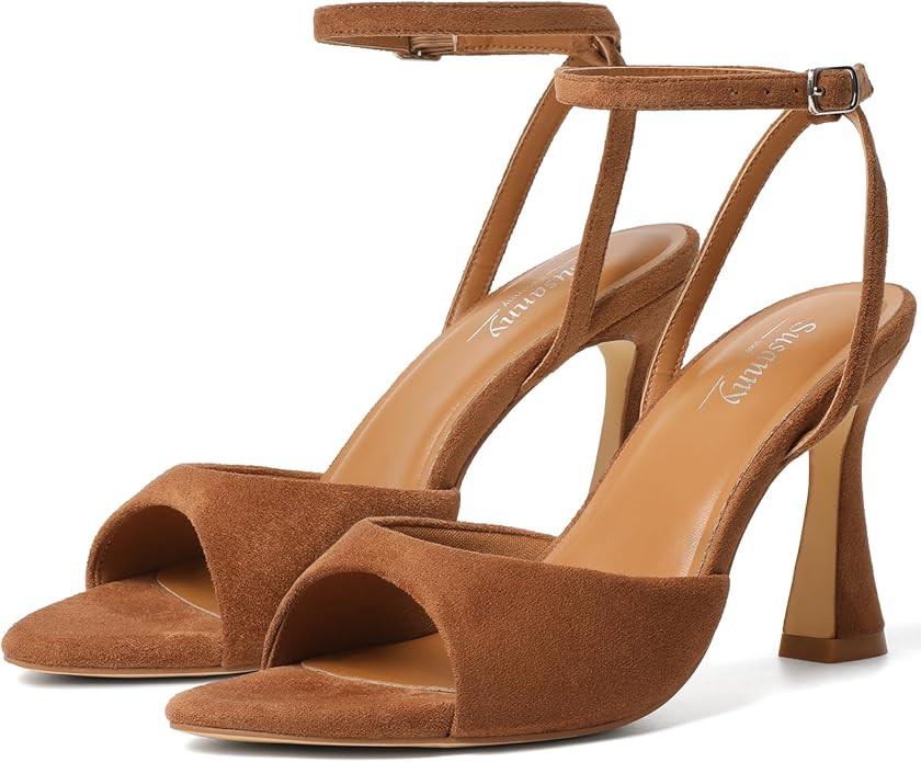 Susanny High Heels for Women Pointed Open Toe Strappy Chunky Block Heels Ankle Strap Stiletto Kit... | Amazon (US)