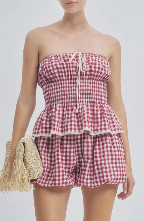 MAUDE CLUB Floral Gingham Smocked Strapless Peplum Top in Berry Gingham at Nordstrom, Size Large | Nordstrom