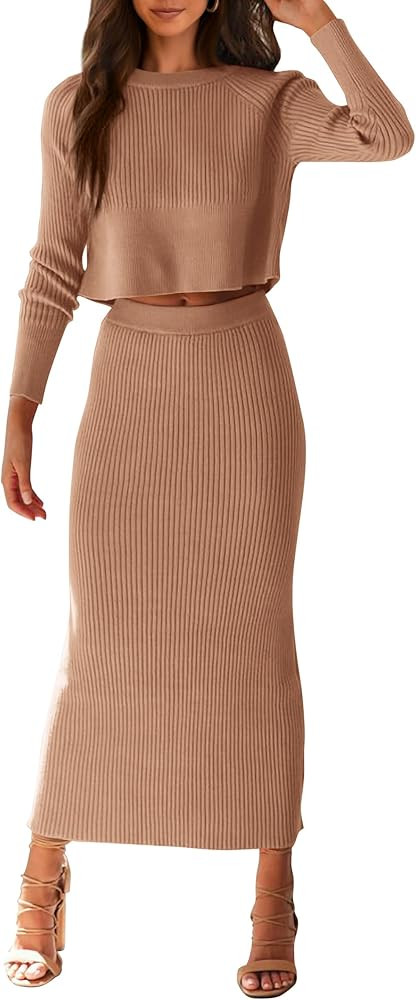 PRETTYGARDEN Women's Spring Fall 2 Piece Sweater Set Rib Knit Long Sleeve Crop Top Maxi Bodycon S... | Amazon (US)