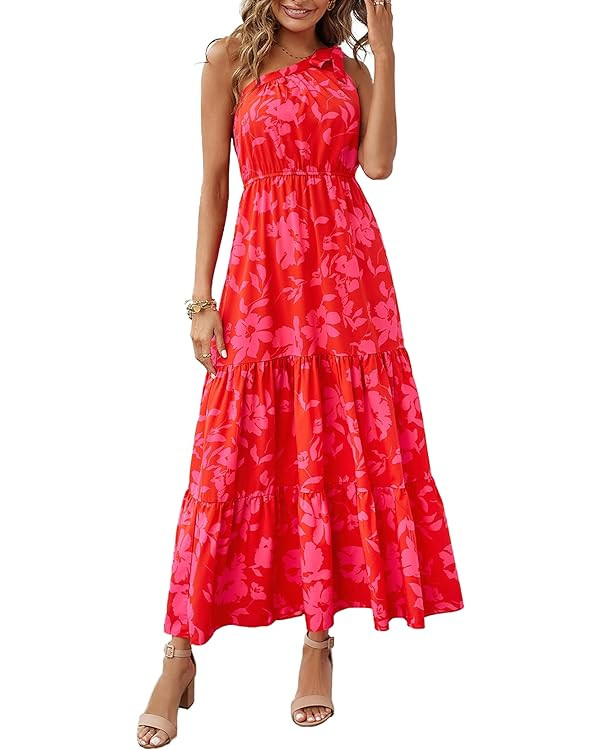 PRETTYGARDEN Womens 2024 Floral Knot One Shoulder Sleeveless Ruffle Hem Flowy Boho Dresses | Amazon (US)