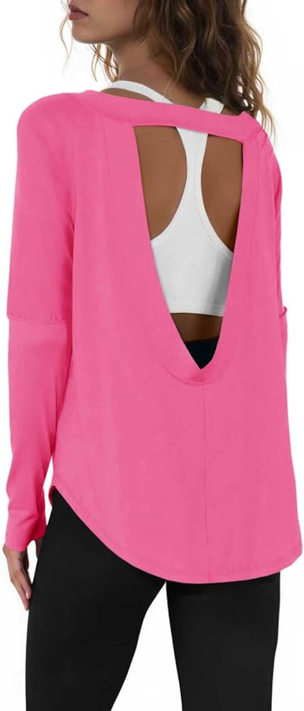 Tankaneo Womens Open Back Workout Shirts Casual Long Sleeve Boat Neck Tops Athletic Gym Yoga Tees... | Amazon (US)