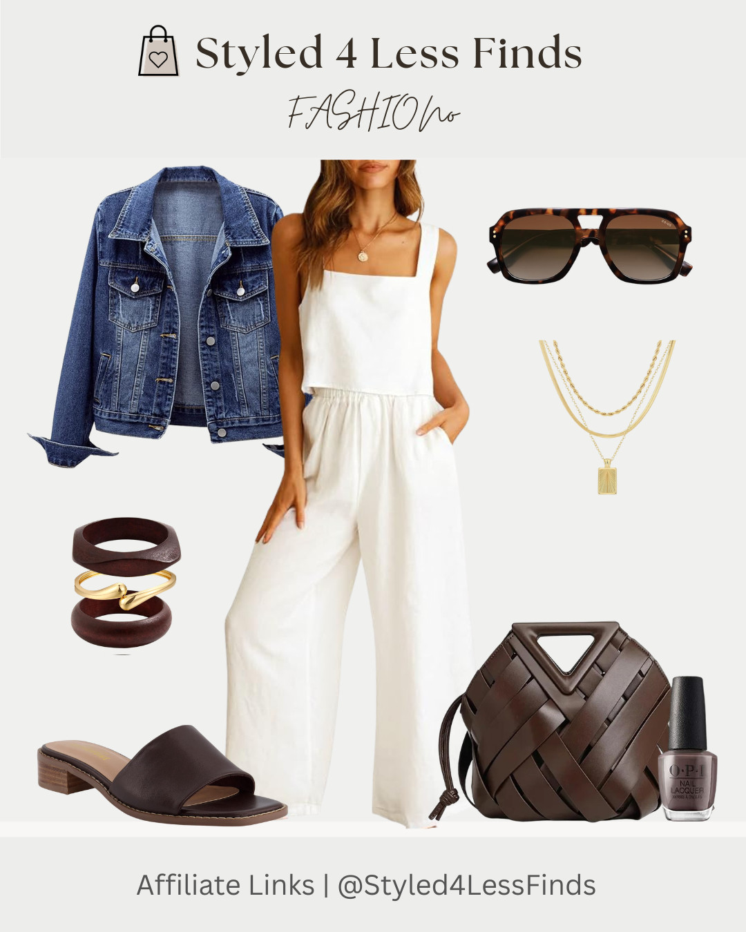 Simple pieces, styled to look effortlessly elevated. 🤍 This white jumpsuit is one of those wardrobe staples you can dress up or keep casual. I paired it with rich chocolate brown accessories and a classic denim jacket for an easy summer-to-fall look you'll reach for again and again.

✨ Style Tip: Brown accessories instantly warm up crisp white outfits and create a more polished, expensive-looking finish. Toss on a denim jacket for cooler evenings and you've got a timeless outfit that works from brunch to date night. 

 #LTKcanada #LTKsummer #LTKover50style