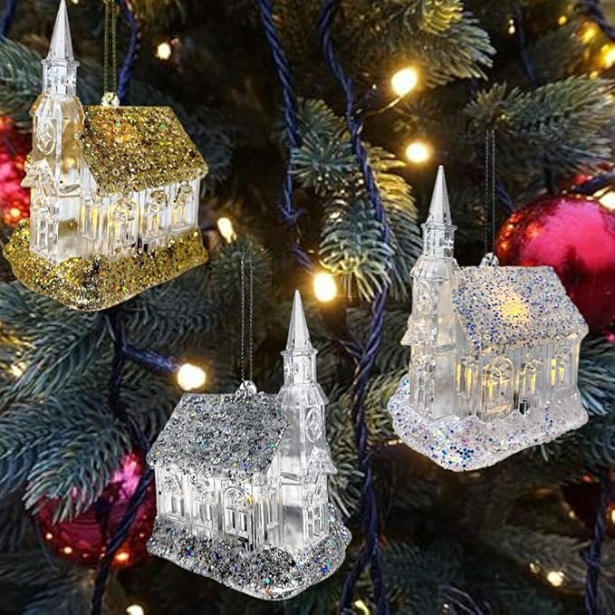 BANBERRY DESIGNS LED Church Christmas Ornaments - Set of 3 Acrylic Church Ornaments - Gold, Silve... | Amazon (US)
