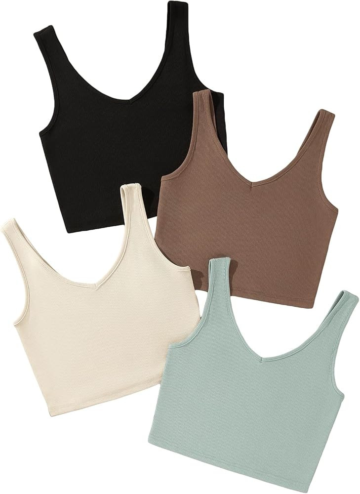 Milumia Women's 4 Pack Ribbed Knit V Neck Sleeveless Plain Fitted Crop Tank Top Set | Amazon (US)