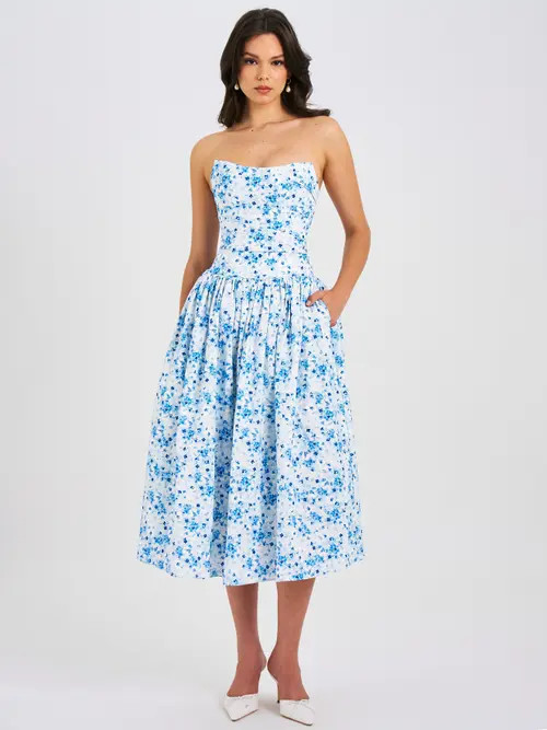 Miss Circle Paloma Linen Corset Draping Top Midi Dress in Blue Print at Nordstrom, Size Xx-Small | Nordstrom