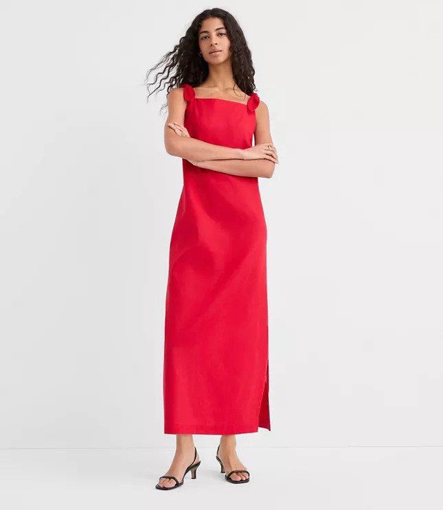 Linen Cotton Tie Boatneck Midi Dress | LOFT
