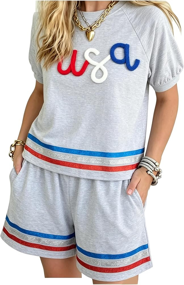 ASTANFY USA 2 Piece Short Sets 4th of July Outfits for Women Patriotic Shirts American Flag 2 Pie... | Amazon (US)