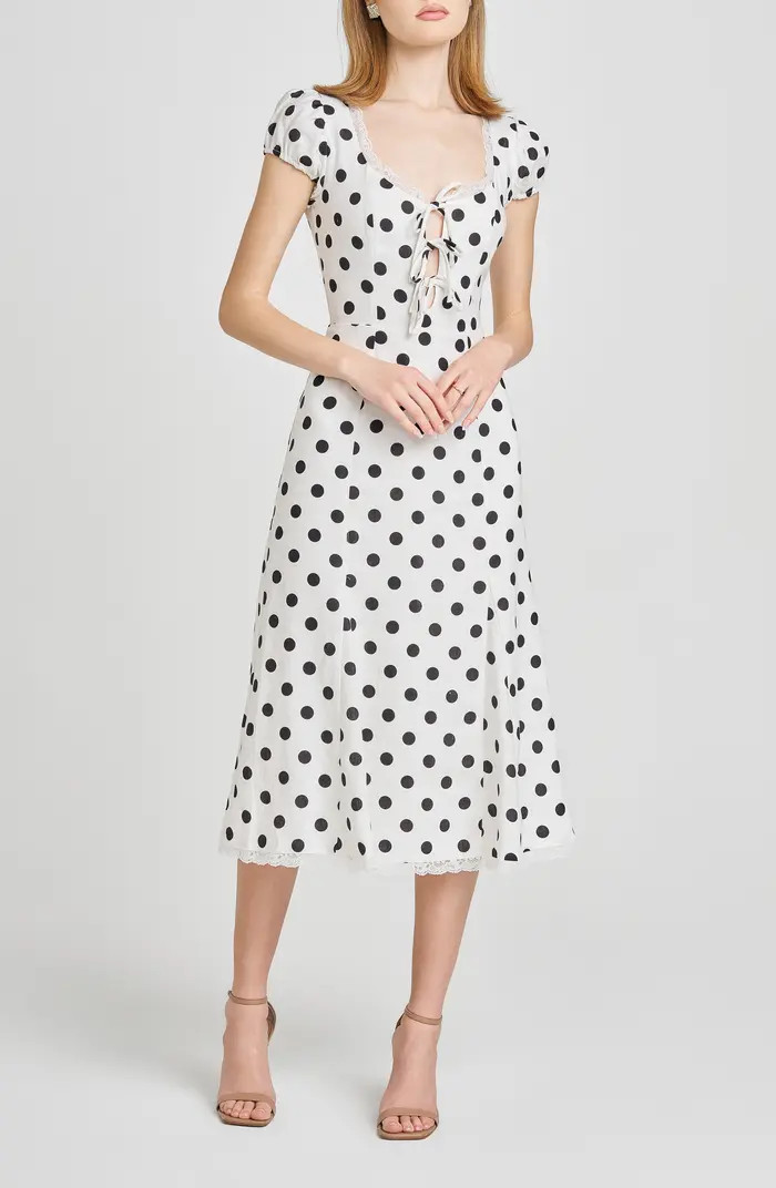 Cara Polka Dot Cap Sleeve Linen Blend Midi Dress | Nordstrom
