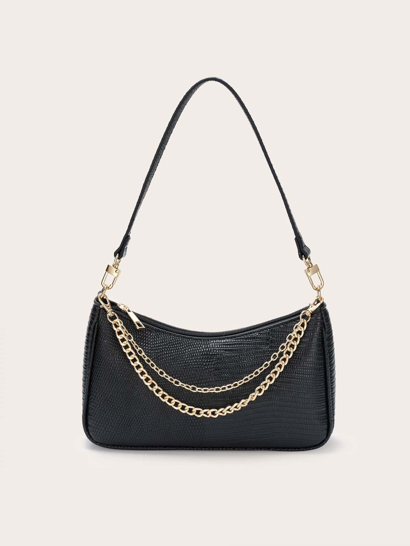 Lizard Embossed Chain Decor Baguette Bag | SHEIN