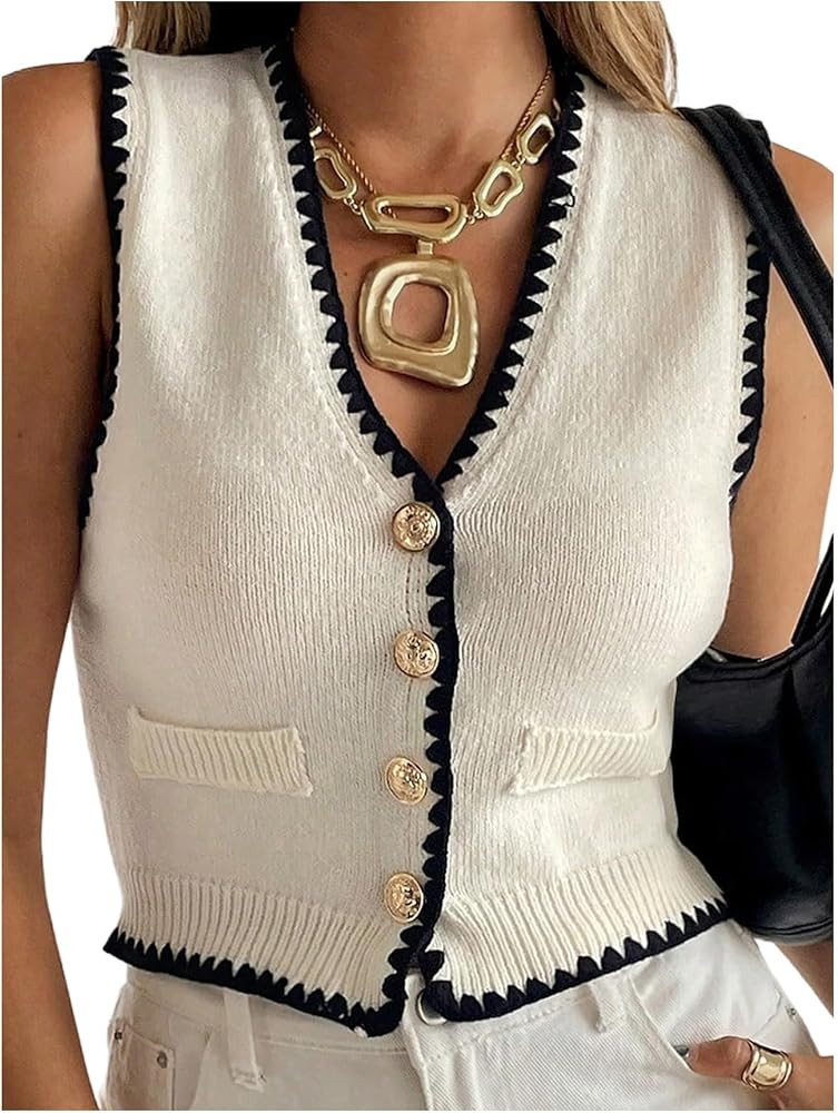 OYOANGLE Women's Button Up Sweater Vest Contrast Binding V Neck Summer Dressy Sleeveless Knit Top... | Amazon (US)