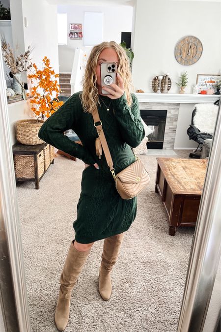 Fall and Winter outfit ideas with a dark green, a cableknit sweater dress, Crossbody bag, and brown knee-high boots. Overall everything fits true to size.


Fall outfits | Fall fashion | size 4-6 | amazon fall finds | amazon handbags | amazon deals | amazon on sale | fall outfit Inspo | casual fall outfits | fall outfit ideas | fall favorites | fall boots | fall outfits 2023 | fall shoes | fall fashion 2023 amazon | casual fall outfits | outfit inspo | outfit ideas | pumpkin patch outfit | thanksgiving day outfits | winter outfits amazon 

#LTKfindsunder100 #LTKfindsunder50 #LTKstyletip
